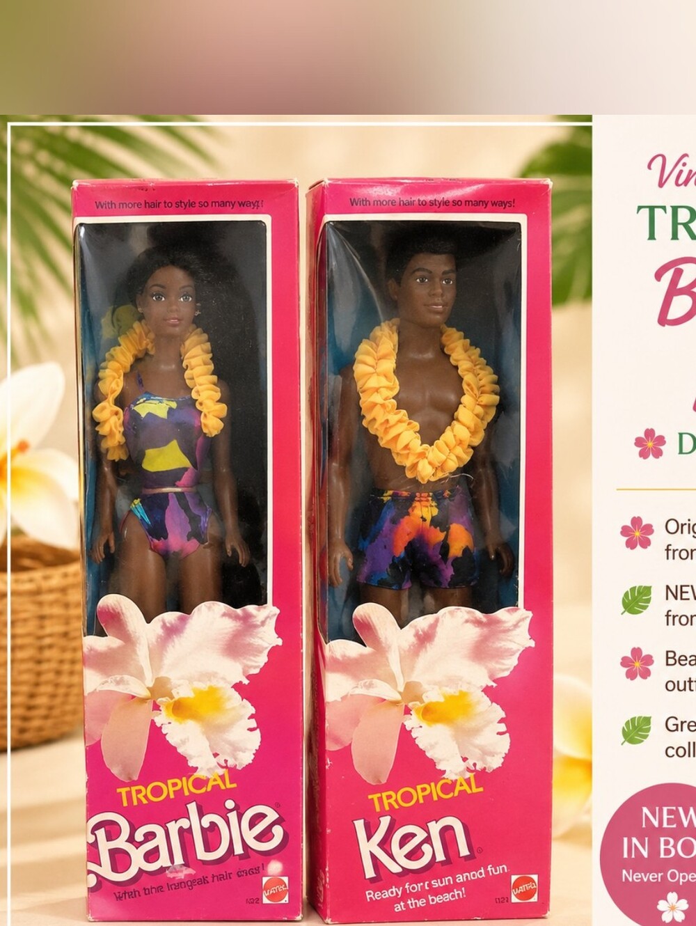 Barbie And Ken Tropical Duo Doll Set - Pink Packaging with Yellow Lei (Vintage)